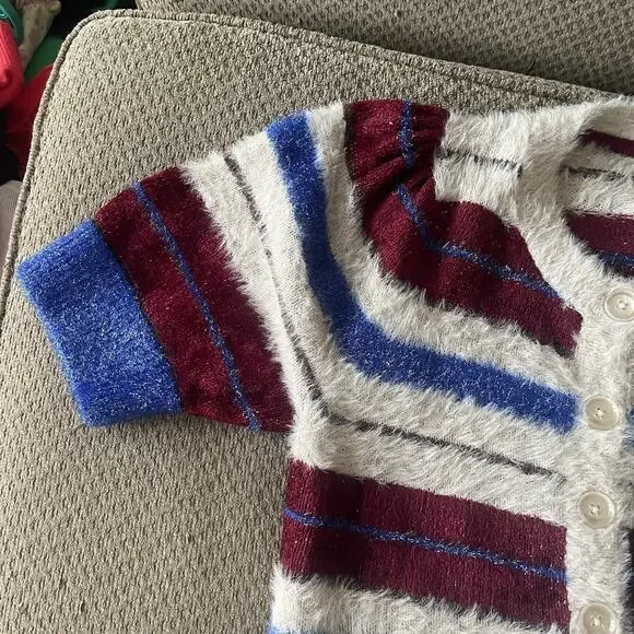 Maeve Anthropologie Short Sleeve Cardigan Sweater Womens LARGE Red Blue Sparkle - Picture 9 of 11